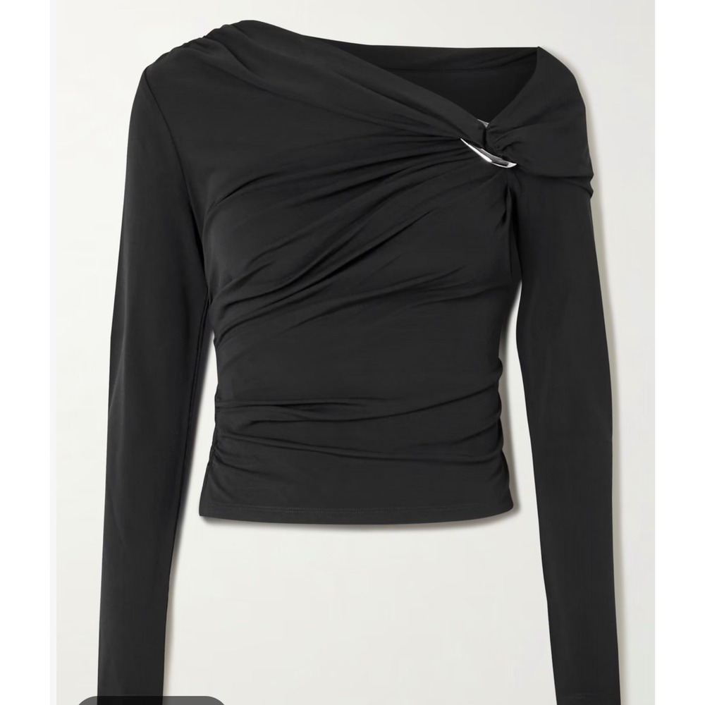 Veronica Beard Lozea One Shoulder Top Black Ruched Long Sleeve Metal Ring Large